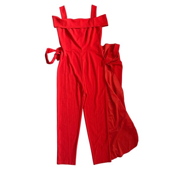Marina Cold Shoulder Faux Sarong Waist Tie Overlay Jumpsuit Red‎ Size 4 - Picture 5 of 10